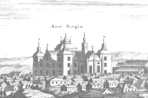 Schwarze und weiße Zeichnung einer Stadt mit einer zentralen Kirche, die als "Arx Regia, die Kirche des Heiligen Grabes" bezeichnet ist, umgeben von Gebäuden und Bäumen.