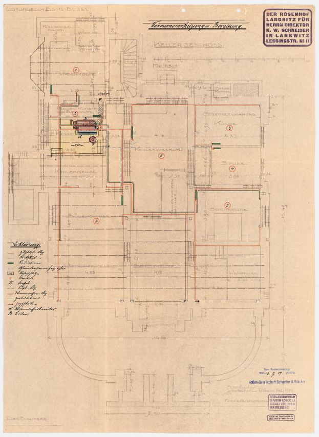 Schwarze und weiße architektonische Zeichnung des Rosenhof-Krankenhauses in Hamburg, Deutschland, zeigt detailliertes Layout mit zahlreichen Drähten und beschrifteten Räumen, Fluren und Merkmalen auf altem Papier.