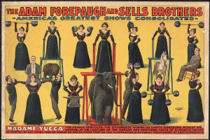 Plakat für die vereinigte Zirkusshow von Adam Forepaugh und Sells Brothers mit Performern auf Hockern, einem Elefanten in der Mitte und Werbetext.