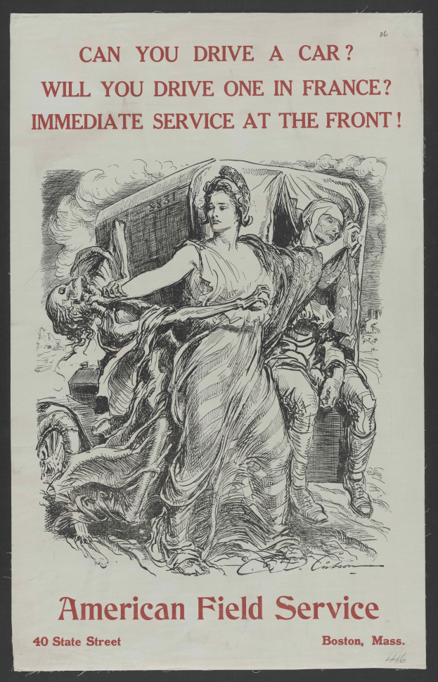 Ein Plakat mit schwarzem Hintergrund, das eine Frau und einen Mann zeigt, mit der Aufschrift "Können Sie ein Auto fahren? Werden Sie eines in Frankreich fahren? Sofortdienst an der Front"