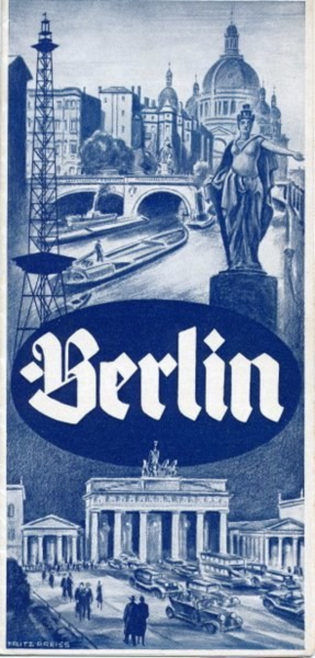 Plakat, das Berlin, Deutschland, bewirbt, mit einer Statue, Gebäuden, einem Turm, Menschen, Fahrzeugen auf der Straße und einer Brücke, sowie Text, der Informationen über die Stadt enthält.