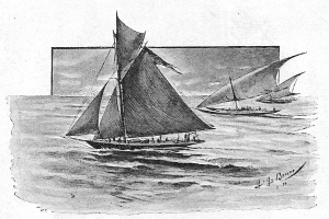 Schwarze und weiße Zeichnung von zwei Segelbooten mit Menschen an Bord, die auf dem Meer segeln, mit der Beschriftung "Das erste Segelschiff des 19. Jahrhunderts" unten.