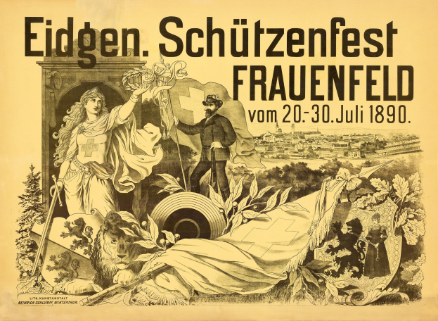 Plakat, das das Eidgenössische Schützenfest in Frauenfeld, Deutschland, bewirbt, mit einem Mann in einem Anzug und einer Frau in einem Kleid nebeneinanderstehend und Textdetails.