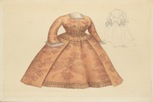 Ausführliches 18. Jahrhundert Kostümdesign-Drawing einer bodenlangen Blumenmuster-Kleid mit hohem Ausschnitt, Spitzenbesatz-Rock und hellblauem Hintergrund.