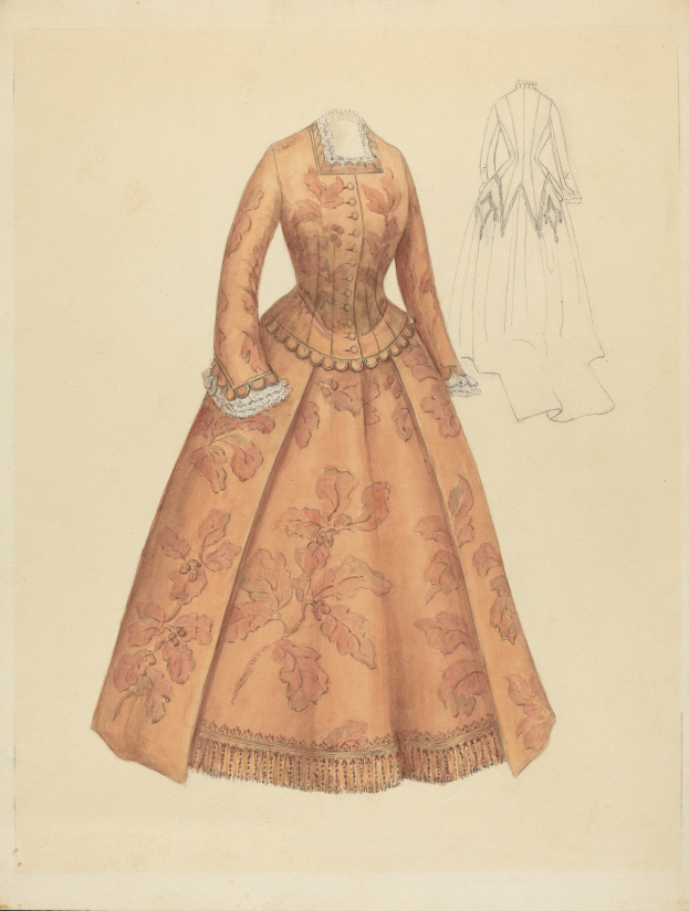 Ausführliches 18. Jahrhundert Kostümdesign-Drawing einer bodenlangen Blumenmuster-Kleid mit hohem Ausschnitt, Spitzenbesatz-Rock und hellblauem Hintergrund.