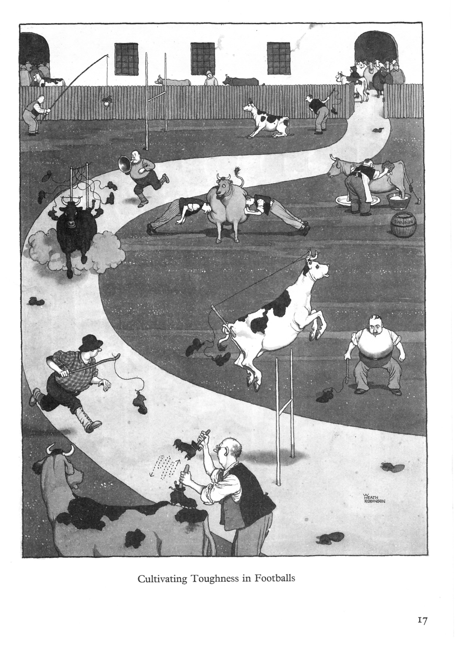 Schwarze und weiße Zeichnung von Menschen und Tieren in einem Feld mit einer Wand und Fenstern im Hintergrund, mit dem Text "Härte im Fußball kultivieren" unten.