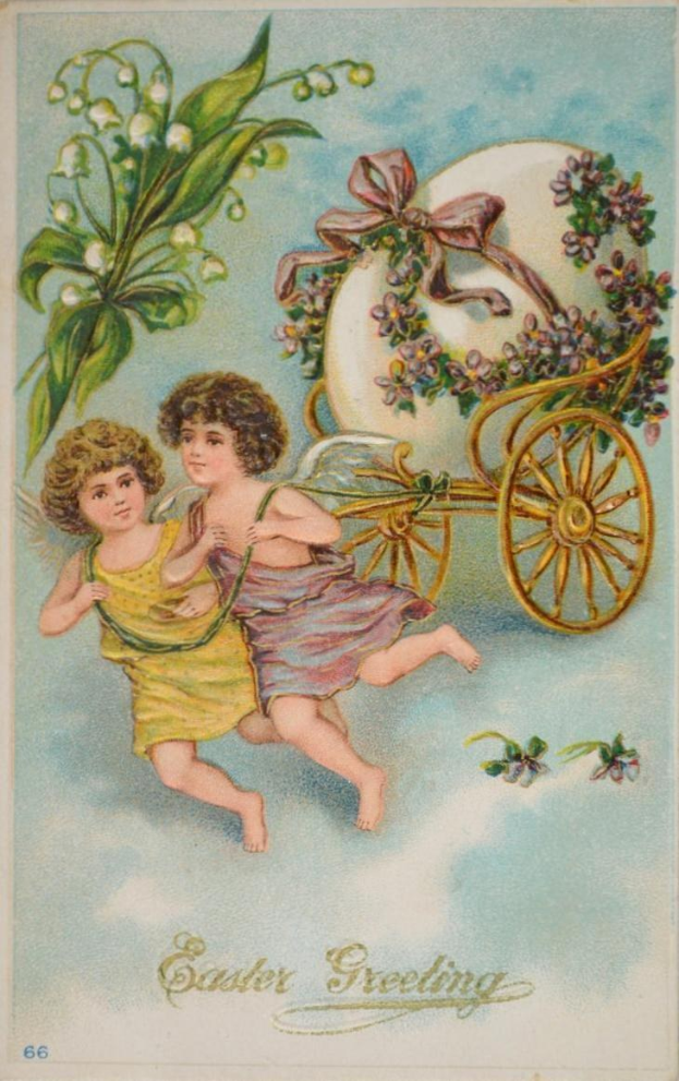 Altmodische Osterkarte mit zwei Kindern in einem Wagen, umgeben von Maiglöckchen, mit handgeschriebener Textzeile.