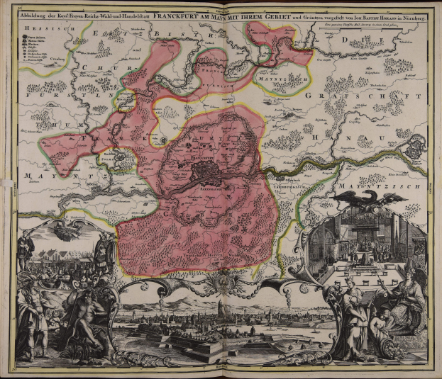 Ein altes Buch mit einer zentralen Deutschlandkarte, umgeben von Illustrationen und Text, der einen klassischen und zeitlosen Look hat.