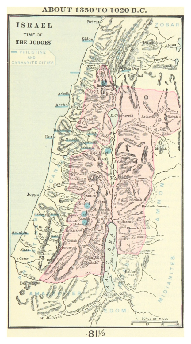Eine historische Karte Israels von 1850 bis 1920, die Städte, Ortschaften und Grenzen zu Zeiten der Richter zeigt, begleitet von erklärendem Text.