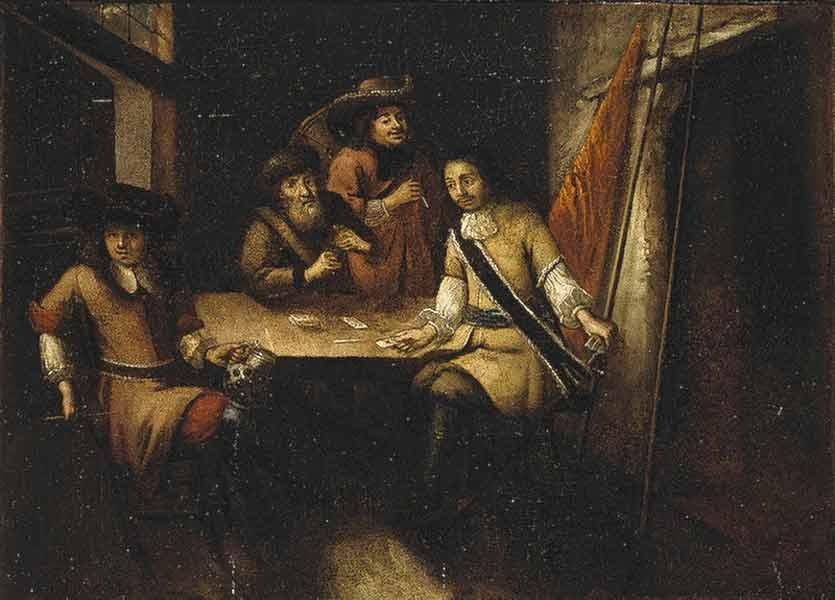 Gemälde mit dem Titel 'Das Kartenspiel' von Rembrandt van Rijn, das eine Gruppe von Menschen beim Kartenspielen an einem Tisch in einer Schenke zeigt, mit einem Vorhang und einem Fenster rechts.