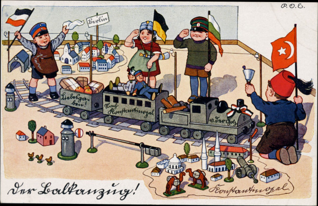 Eine Gruppe von Kindern spielt mit einem Spielzeugebahn auf einem Bahngleis, umgeben von Häusern und Bäumen, mit Text am unteren Bildrand.