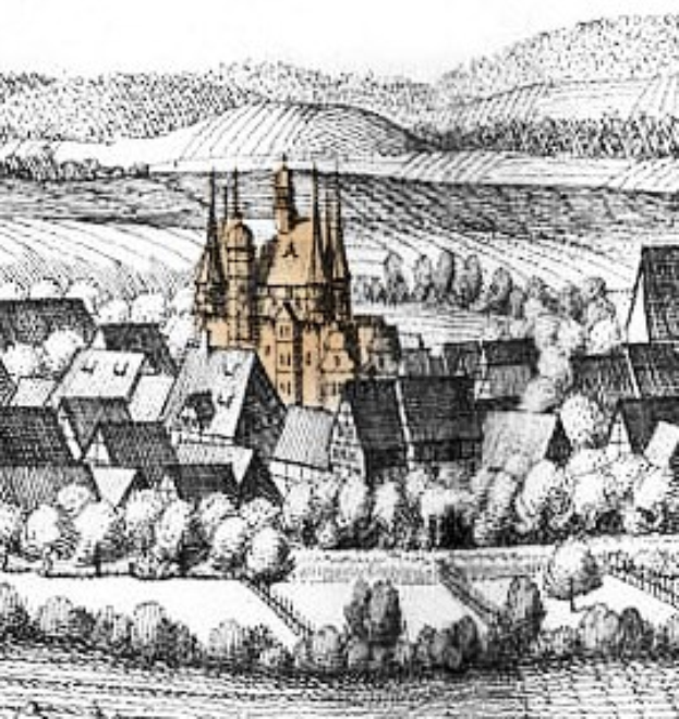 Schwarze und weiße Zeichnung einer kleinen Stadt mit einer Kirche in der Mitte, umgeben von Bäumen und Hügeln, beschriftet mit "Gothic Architecture in Germany" unten.