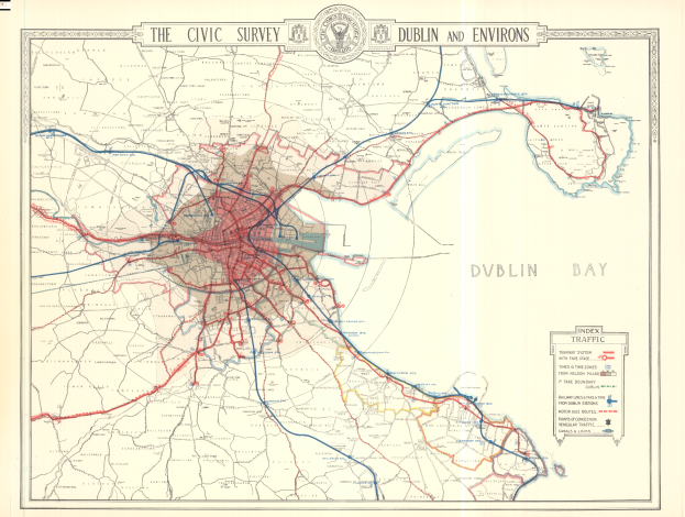 Eine detaillierte Karte von Dublin, Irland, mit Straßen, Parks, Sehenswürdigkeiten und einem Logo.