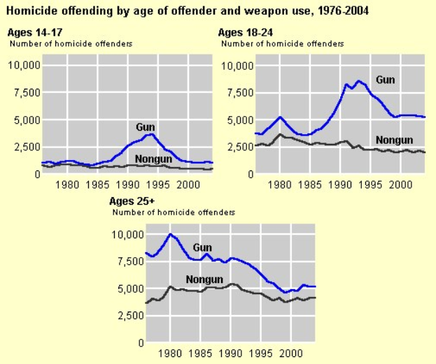 Eine Liniengraphik, die die Homicide-Offending-Rates nach Alter des Täters und Waffentyp von 1976 bis 2004 zeigt, mit begleitendem erklärendem Text.