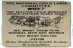 Plakat mit der Aufschrift "Das Nationale Komitee für Kinderarbeit: Warum? Zweieinhalb Millionen Kinderarbeiter unter sechzehn Jahren heute" mit einer Karte der USA und Illustrationen von Komiteemitgliedern.