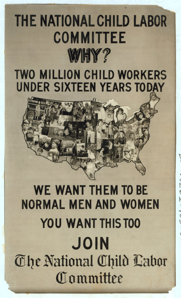 Plakat mit der Aufschrift "Das Nationale Komitee für Kinderarbeit: Warum? Zweieinhalb Millionen Kinderarbeiter unter sechzehn Jahren heute" mit einer Karte der USA und Illustrationen von Komiteemitgliedern.
