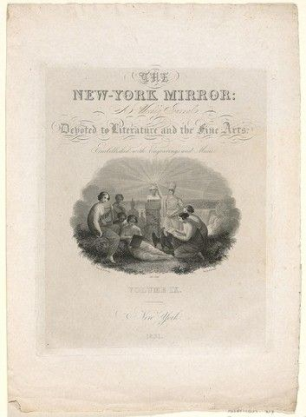 Ein Blatt mit einer Zeichnung von Menschen in traditioneller Kleidung, die den Text "The New York Mirror: Hingewiesen auf Literatur und die Schönen Künste" in einem dekorativen Rahmen bewundern.