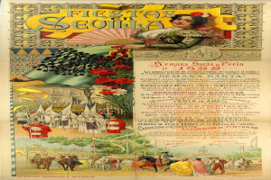 Buntes Plakat für ein Fest in Sevilla, Spanien, mit einer Frau in traditioneller Tracht, Menschenmenge, Pferden, Bäumen und Blumen mit Textwerbung für das Ereignis.