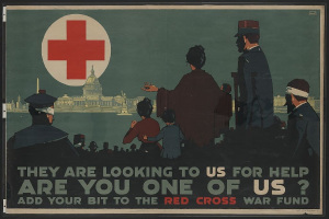 Plakat mit einer Gruppe von Menschen vor einem Gebäude mit einem roten Kreuz, das die Unterstützung für den Roten Kreuz-Kriegsfonds mit dem Text "Sie suchen unsere Hilfe, sind Sie einer von uns? Tragen Sie Ihren Teil zum Roten Kreuz-Kriegsfonds bei." ermutigt