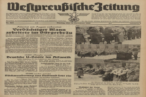 Schwarze und wei├če Titelseite einer deutschen Zeitung vom 13. November 1939 mit der ├ťberschrift 'Weitpreubliche Zeitung', die eine Gruppe von Menschen in traditioneller deutscher Kleidung in einer feierlichen Szenerie zeigt.