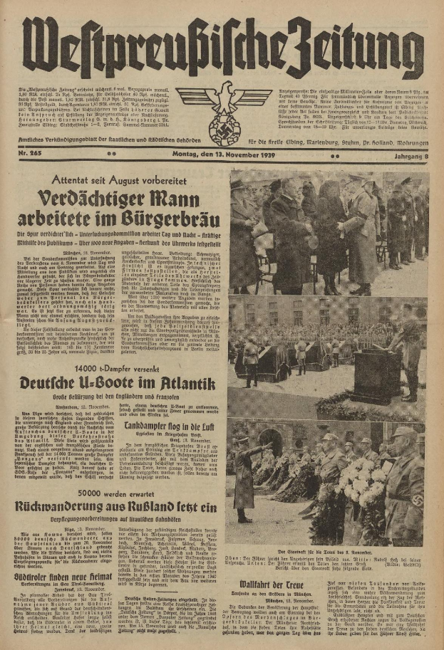 Schwarze und wei├če Titelseite einer deutschen Zeitung vom 13. November 1939 mit der ├ťberschrift 'Weitpreubliche Zeitung', die eine Gruppe von Menschen in traditioneller deutscher Kleidung in einer feierlichen Szenerie zeigt.