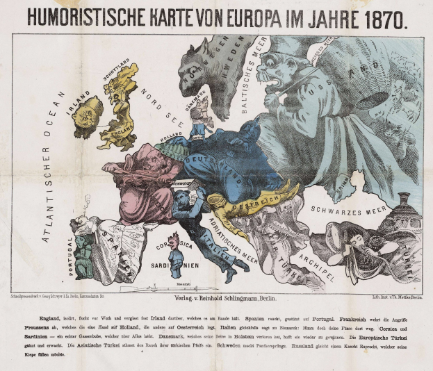 Plakat mit der Aufschrift "Humoristische Karte von Europa im Jahre 1870" mit einer Karte von Europa umgeben von Karikaturen und Text.