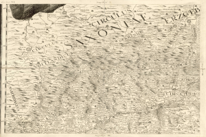 Ein altes Kartenbild von Sachsen, Deutschland, das geographische Merkmale wie Flüsse, Berge und Städte zeigt, mit begleitendem Text, der regionale Informationen liefert.