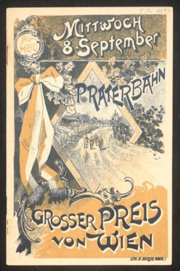 Altes Konzertplakat für "Großen Preis von Wien" mit einem zentralen menschlichen Gesicht auf einem schwarzen Hintergrund.