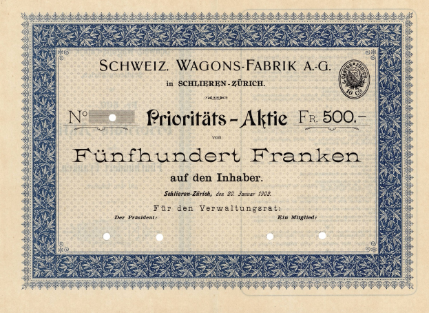 Ein altes deutsches Aktienzertifikat mit einem blauen Rand, das den Text 'Schweiz Wagons-Fabrik A.G.' trägt