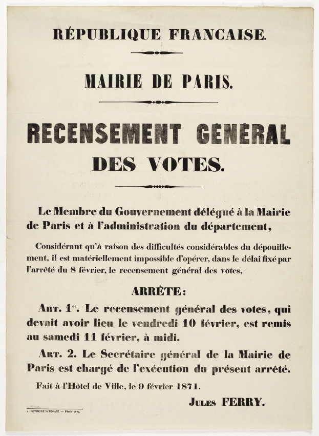 Altes französisches Plakat mit der Aufschrift "Recensement Général des Votes" für eine allgemeine Wahl der Republik Frankreich.