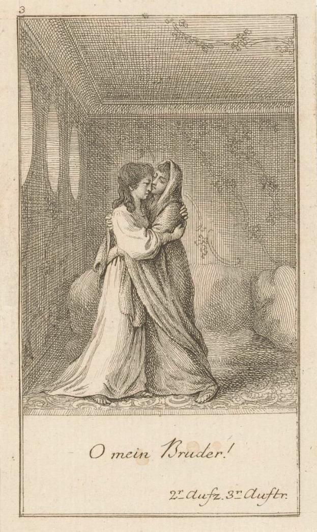 Eine Gravur eines Mannes und einer Frau, die sich in einem Raum umarmen, mit dem Text 'O mein Bruder' unten, ihre Gesichter nahe beieinander und die Arme umeinander geschlungen, mit einer warmen, einladenden Atmosphäre und weichem Licht vom Fenster.