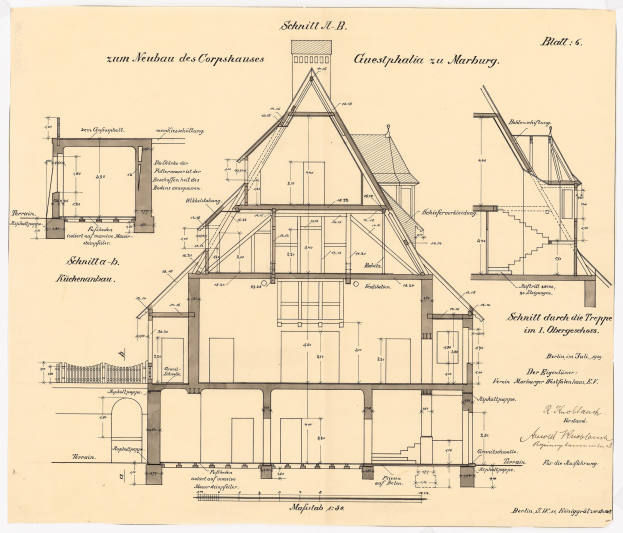 Ein detailliertes architektonisches Zeichnung eines Hauses mit zahlreichen Fenstern und einem Dach, das als erstes Haus in Deutschland bezeichnet wird, begleitet von Plänen und Text auf dem Papier.