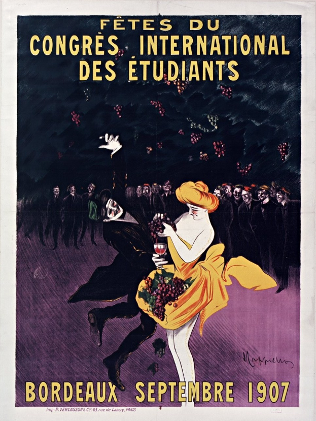 Plakat aus dem Jahr 1907 für eine Weinprobe in Bordeaux, Frankreich, mit einer Frau in gelbem Kleid, die ein Weinglas hält, umgeben von einer Menge, mit Textbeschreibung des Events.