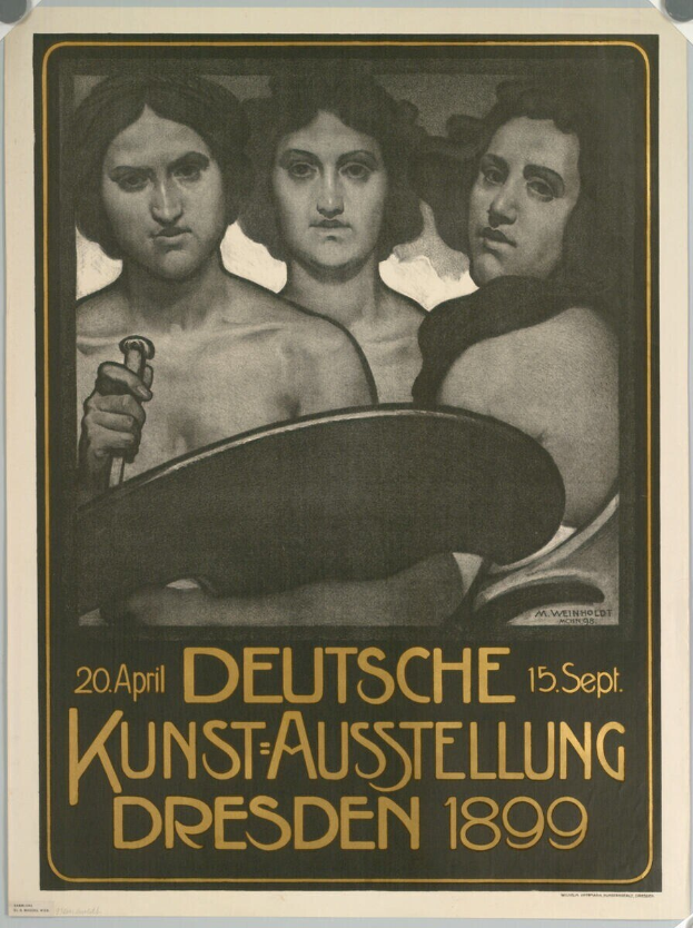 Plakat für eine deutsche Ausstellung in Dresden, Deutschland im Jahr 1899, das drei Personen zeigt, von denen eine ein Objekt hält und Text.