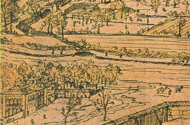 Ein detailliertes Stadtbild mit einer gewundenen Flusslandschaft, umgeben von grünen Bäumen und hohen Gebäuden, das eine friedliche Atmosphäre vermittelt.