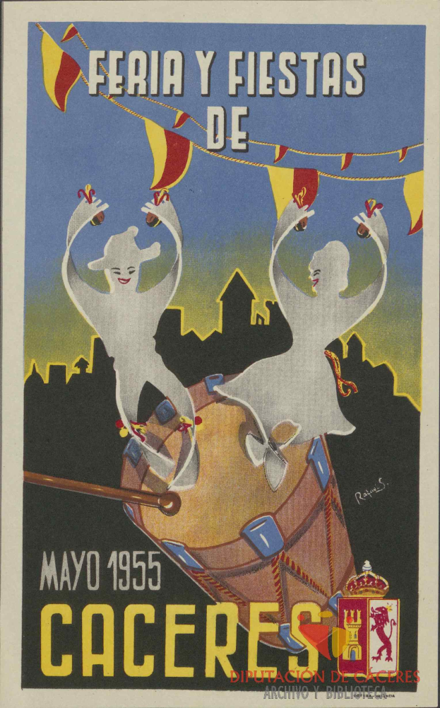 Ein buntes Plakat für das Faschingsfest "Feria y Fiestas de Caceres" in Spanien, das Menschen in traditioneller Kleidung auf einem hellgelben Hintergrund zeigt, mit Veranstaltungseinzelheiten und einem Festival-Logo.