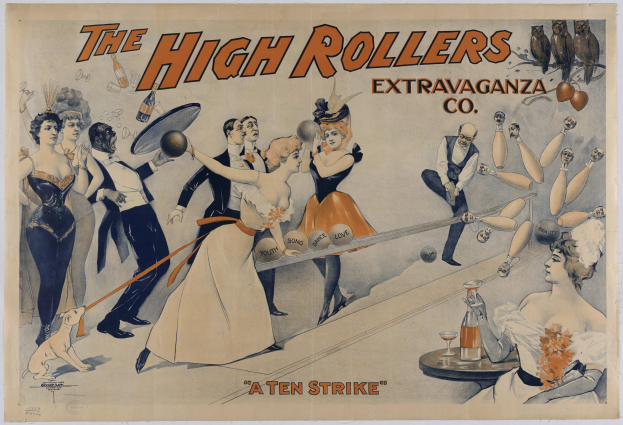 Vintage 1920s-Plakat für High Rollers Extravaganza Co., das eine Gruppe in 1920s-Kleidung beim Bowling zeigt, mit der Aufschrift "A Ten Strike" und einem gedeckten Farbschema aus Blauen, Grünen und Gelben.