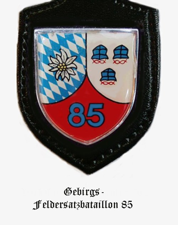 Ein rundes Abzeichen mit der Zahl 85 und deutschem Text, das das Logo der bayerischen Fußballmannschaft darstellt.