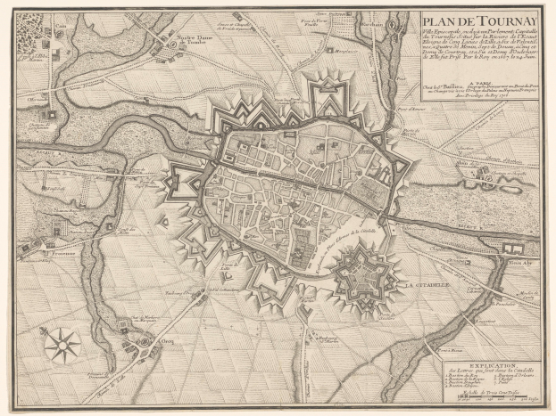 Ein detaillierter alter Stadtplan der Stadt Tours, Frankreich, der Straßen, Gebäude und Sehenswürdigkeiten mit Textanmerkungen zeigt.