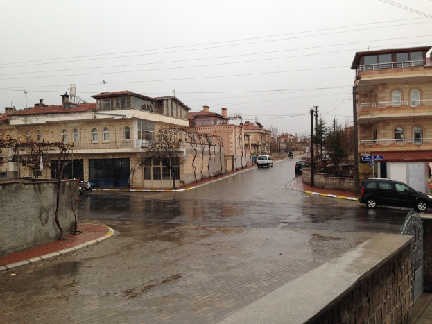 Eine Stadtansicht mit Kraftfahrzeugen auf Straßen, Gebäuden, Bäumen, Strommästen mit Kabeln, Geländern und Himmel.