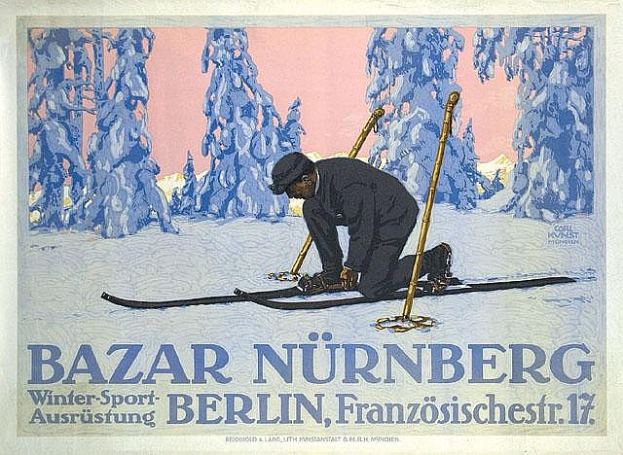 Ein Plakat bewirbt die Bazar Nürnberg Winter Sport in Berlin, Deutschland, mit einer Person auf Skiern, die Ski-Stöcke hält, umgeben von Bäumen und Text, der das Ereignis beschreibt.