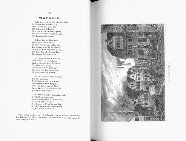 Offenes Buch mit dem Titel "Die Geschichte Deutschlands" zeigt eine Schwarz-Weiß-Illustration einer Stadtlandschaft mit Gebäuden, Menschen und Himmel sowie Textinhalt.