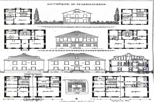 Schwarz-weißes Architekturzeichnung eines Hauses mit zahlreichen Fenstern, umgeben von Bäumen, beschriftet mit "Pläne für ein Haus in Deutschland".
