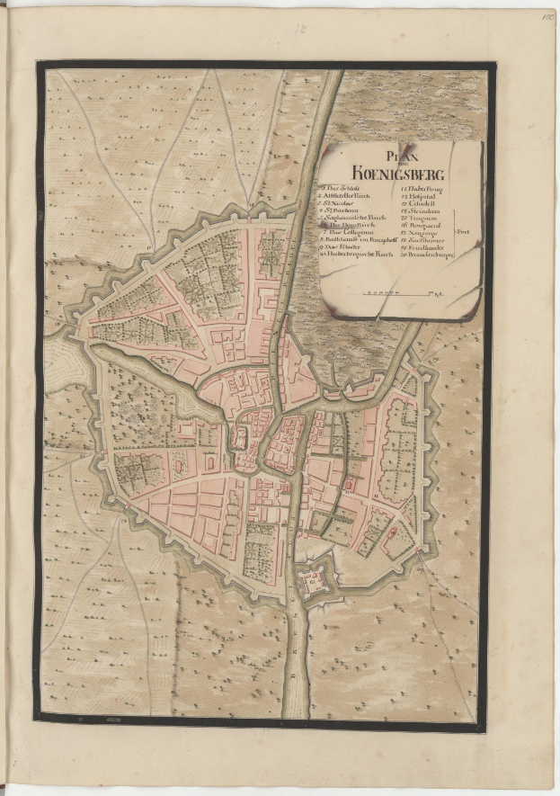 Ein detaillierter alter Stadtplan von Hohensberg, Deutschland, in einem alten Buch dargestellt, der Straßen, Gebäude und Sehenswürdigkeiten zeigt, zusätzlich mit Text über die Stadt.