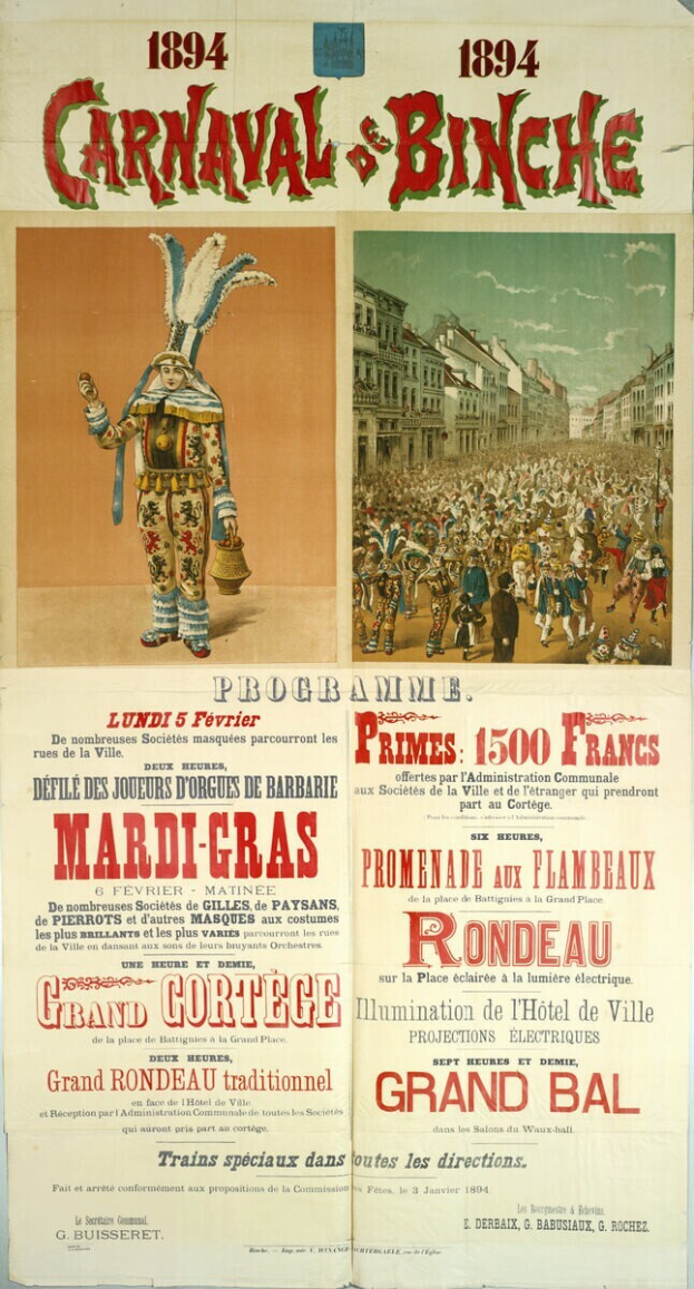 Ein Vintage-Plakat wirbt für ein Karnevalsfest in Banche, Frankreich, mit Illustrationen von Menschen, Gebäuden und Text.