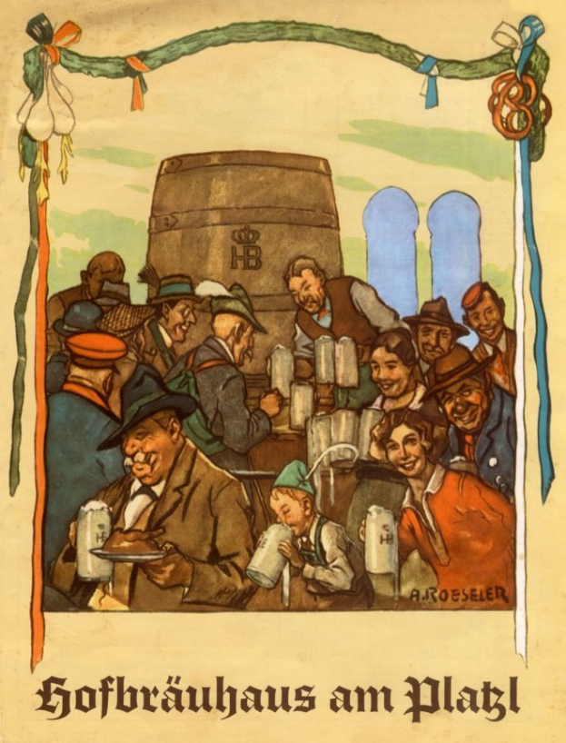 Plakat für ein deutsches Bierfest mit Menschen mit Biergläsern und einem Fass im Hintergrund und deutschem Text unten.