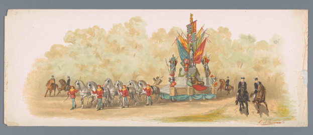 Ein Gemälde eines Karnevalsumzugs mit Menschen in bunten Kostümen, die auf Pferden vor einem geschmückten Festwagen reiten, vor einem klaren blauen Himmel mit Bäumen im Hintergrund.