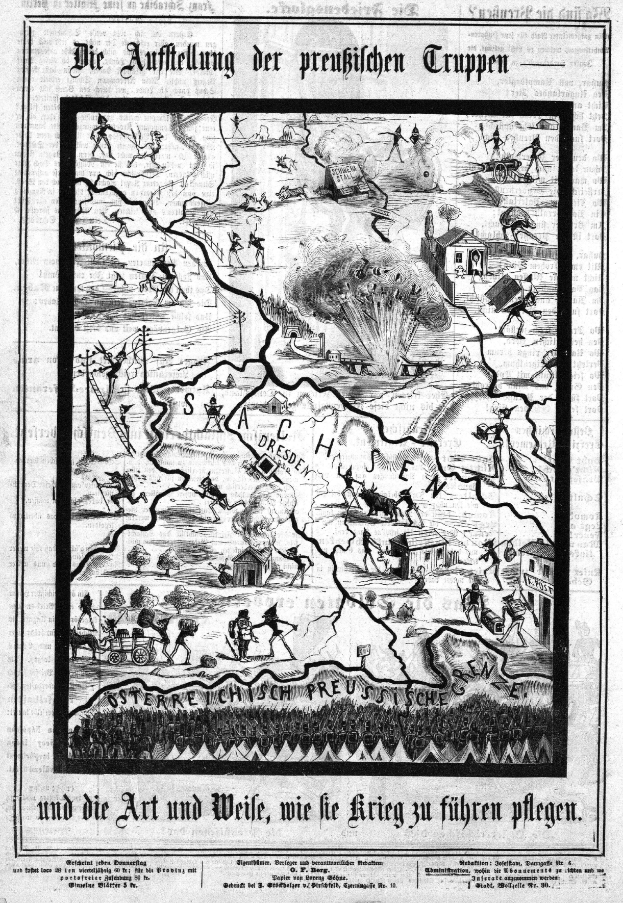 Eine alte Zeitung mit einer Schwarz-Weiß-Karte von Deutschland, die detaillierte geographische Merkmale wie Berge, Flüsse und Städte zeigt, begleitet von Text.
