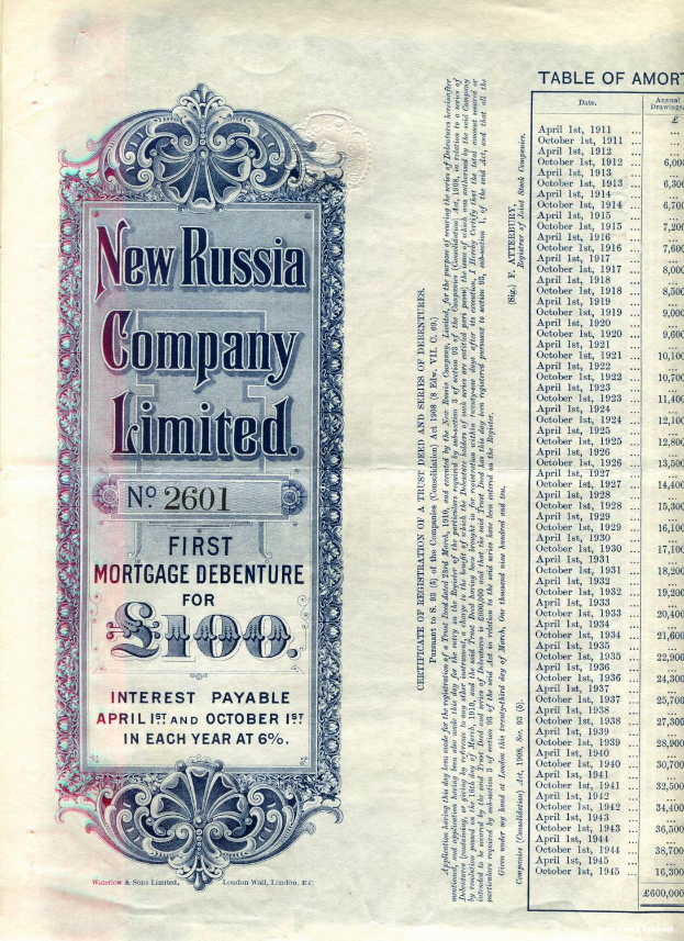 Ein altes Buch, das einen Aktienschein der New Russia Company Limited zeigt.