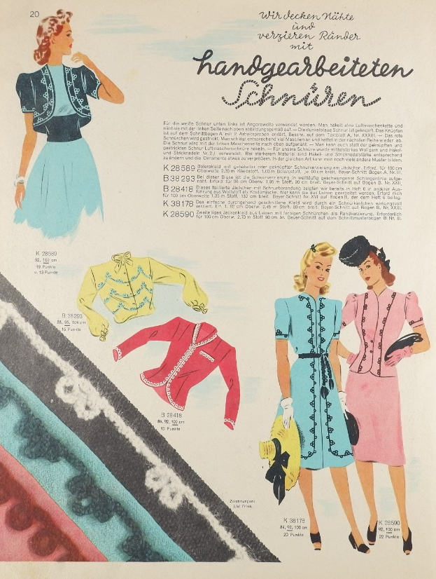 Anzeige für ein Modejournal der 1950er Jahre mit einer Frau in einem Kleid und Hut, sowie zusätzlichen Bildern von Frauen und Text auf der Seite.